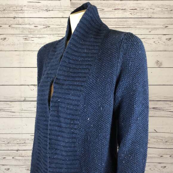 L.L Bean Blue Speckled Chunky Knit shawl collar open front Cardigan size small - Picture 8 of 12